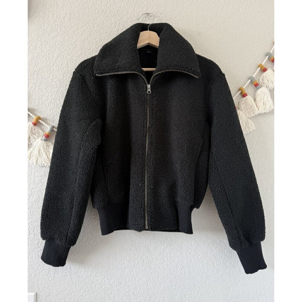 Uniqlo Black Sherpa Teddy Fleece Zip Up Sweater Jacket Cozy Outdoor Warm XXS